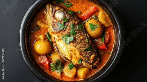 A spicy and savory fish curry with assorted vegetables served in an elegant rustic black bowl, emphasizing rich flavors and heartwarming culinary traditions. photo