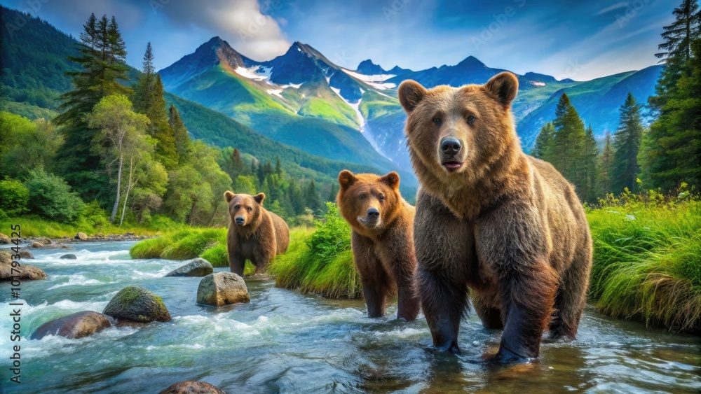 Majestic Bears in Natural Habitat Surrounded by Beautiful Russian Landscape and Scenic Wilderness Majestic Bears in Natural Habitat Surrounded by Beautiful Russian Landscape and Scenic Wilderness