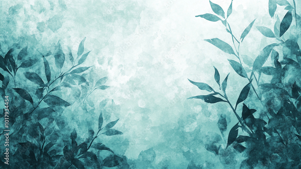 Watercolor background with plants and leaves creates serene atmosphere, blending soft hues of blue and green. This artistic design is perfect for various creative projects Watercolor background with plants and leaves creates serene atmosphere, blending soft hues of blue and green. This artistic design is perfect for various creative projects