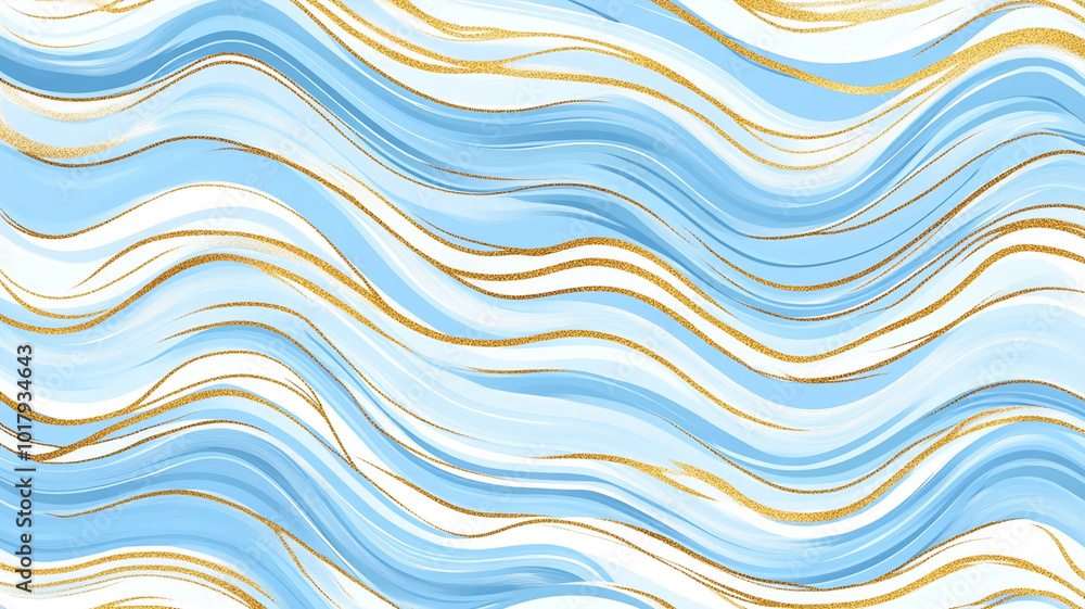Fototapeta premium Watercolor light blue and gold seamless pattern featuring flowing waves. design evokes sense of calm and elegance, perfect for various creative projects