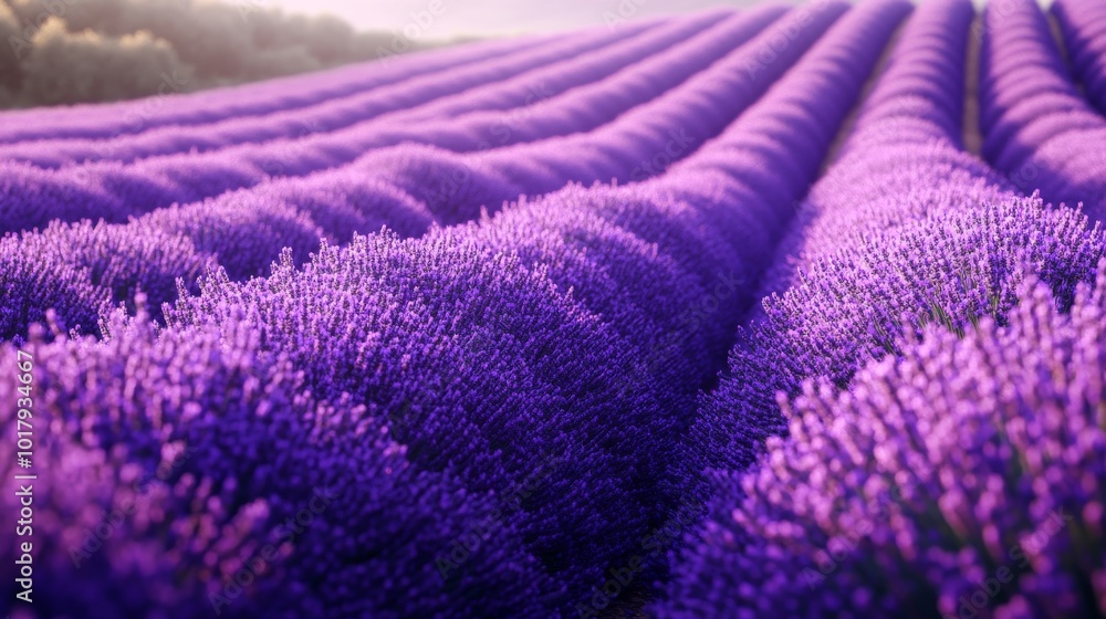 Obraz premium Vibrant rows of lush lavender stretch endlessly under a warm, golden sunrise, capturing the essence of nature's beauty in blooming purple waves and serene landscapes.