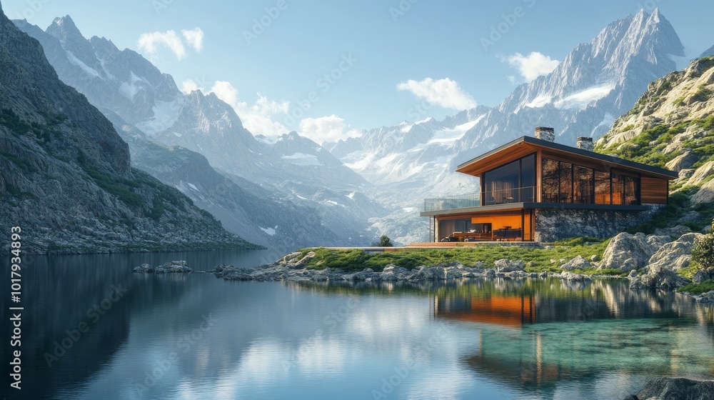 Fototapeta premium A contemporary lakeside cabin with large windows, nestled in a pristine environment, offering a breathtaking view of snow-capped mountains and serene waters.