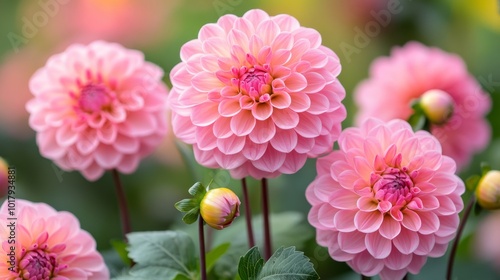 An array of perfectly bloomed pink dahlias stand tall and vibrant in a lush garden, capturing the essence of beauty, elegance, and the natural cycle of floral life.