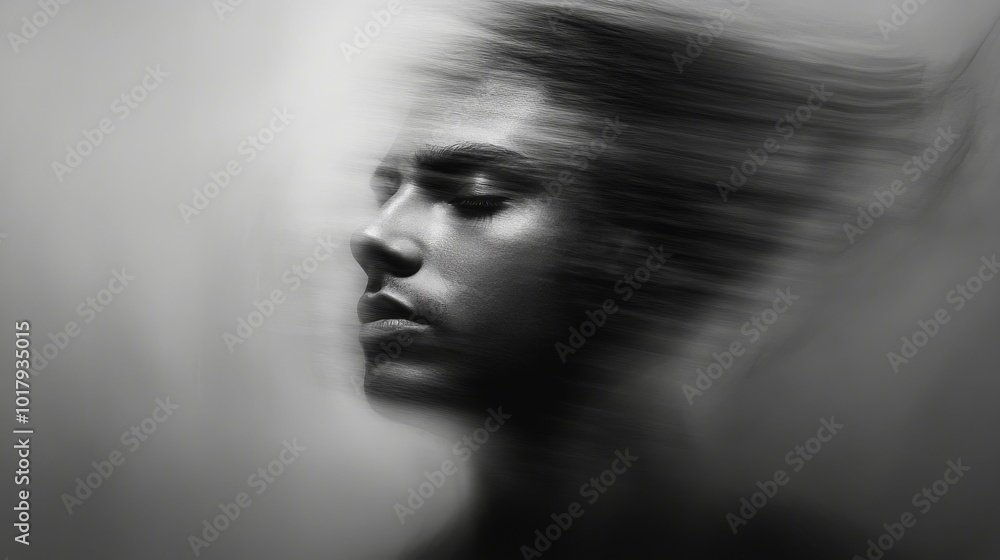 A mysterious black and white portrait with an artistically blurred effect, conveying movement, introspection, and anonymity in a minimalist aesthetic approach. A mysterious black and white portrait with an artistically blurred effect, conveying movement, introspection, and anonymity in a minimalist aesthetic approach.