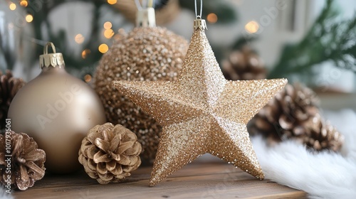A festive arrangement of Christmas decorations featuring a glittering golden star, surrounded by pine cones and sparkly baubles on a cozy wooden surface.