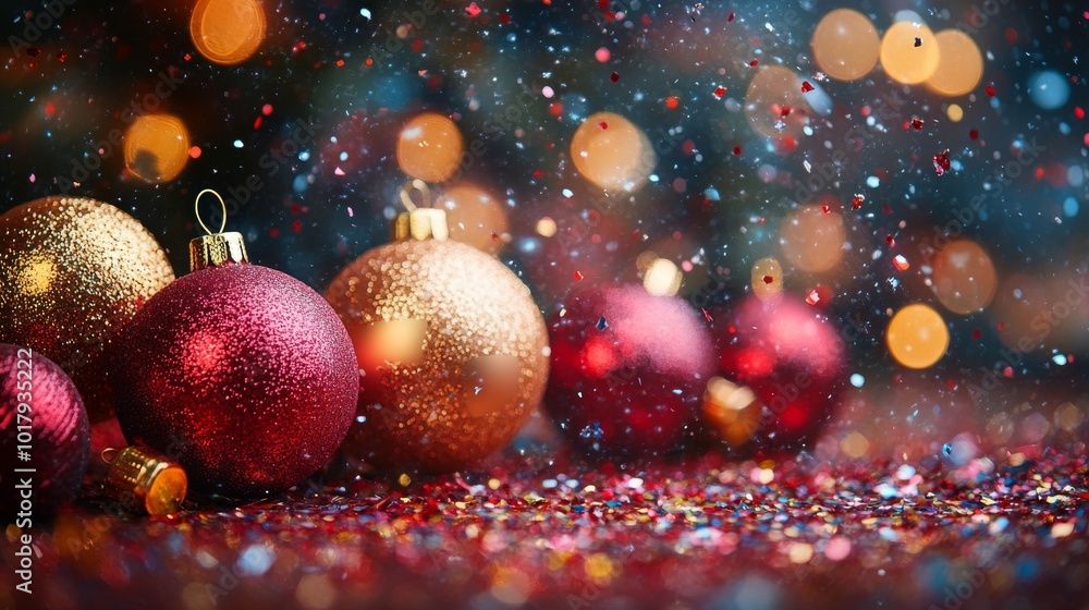 A rich image showcasing golden and red Christmas baubles, surrounded by shimmering confetti and glowing bokeh, exuding elegance and holiday cheer. A rich image showcasing golden and red Christmas baubles, surrounded by shimmering confetti and glowing bokeh, exuding elegance and holiday cheer.