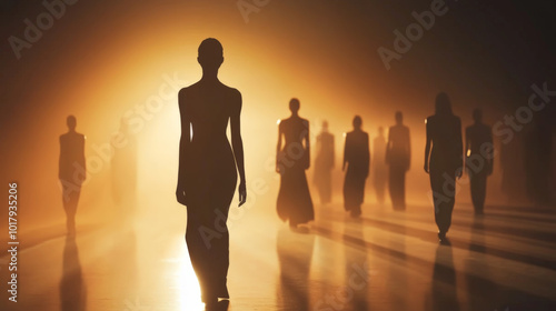 Silhouettes of models walking the runway in dramatic lighting photo