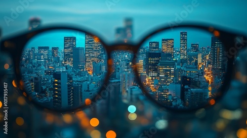 A city skyline is seen clearly through a pair of eyeglasses, highlighting the vibrant city life and the contrast between sharp and blurred vision.