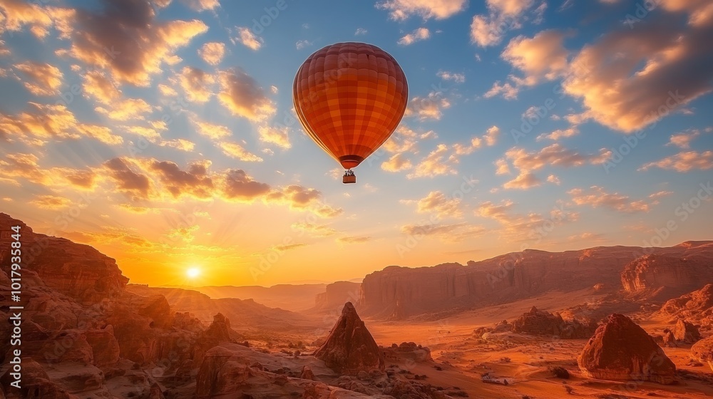 Fototapeta premium Hot Air Balloon Flight Over Desert Landscape at Sunset