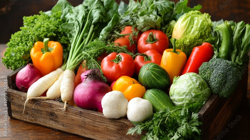 A collection of vivid, fresh vegetables including peppers, onions, and leafy greens fills a wooden crate, showcasing the vibrant beauty and nourishment of nature's bounty. A collection of vivid, fresh vegetables including peppers, onions, and leafy greens fills a wooden crate, showcasing the vibrant beauty and nourishment of nature's bounty.