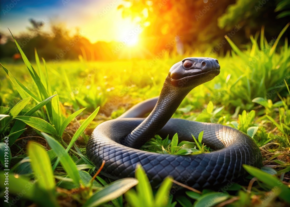 Fototapeta premium Majestic Black Mamba Slithering Through Lush Green Grass in Its Natural Habitat Under Bright Sunlight