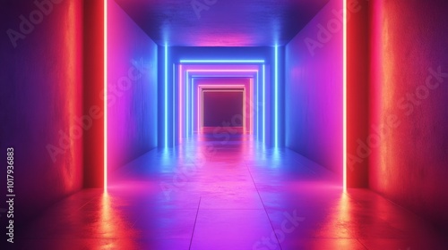 A captivating corridor illuminated by neon lights in shades of blue and pink, creating a mesmerizing futuristic atmosphere with a modern design twist.