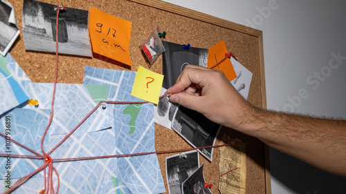 A hand hooks a new clue onto a detective board with a map, photographs and clues marked with red threads connecting at one point. photo