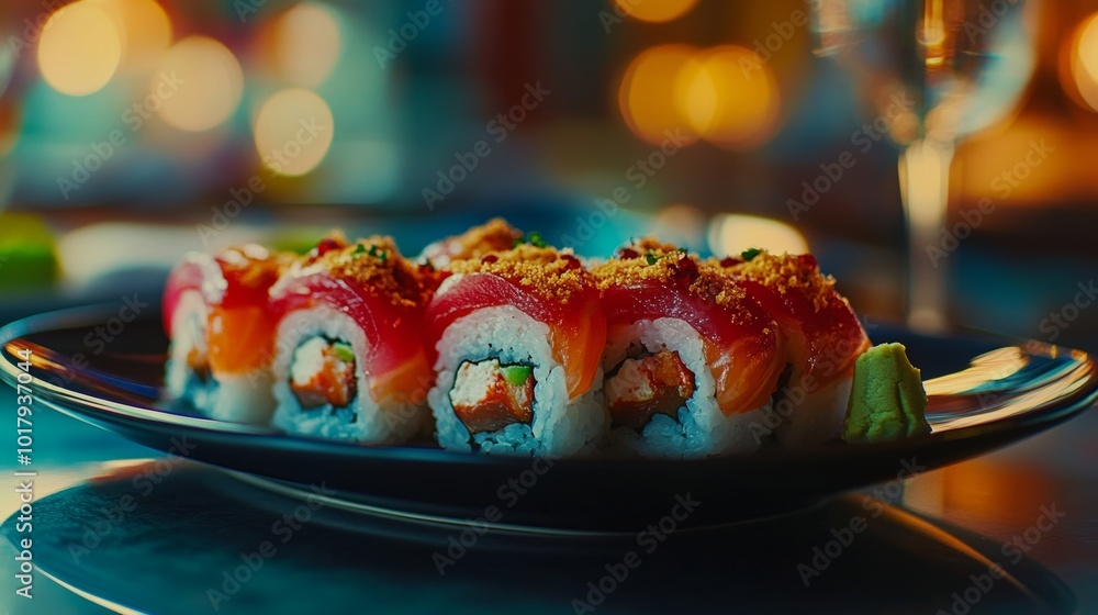 Delicious Sushi Rolls with Salmon and Tuna on Black Plate Delicious Sushi Rolls with Salmon and Tuna on Black Plate