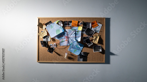 Detective board with map, photos and clues marked with red threads photo