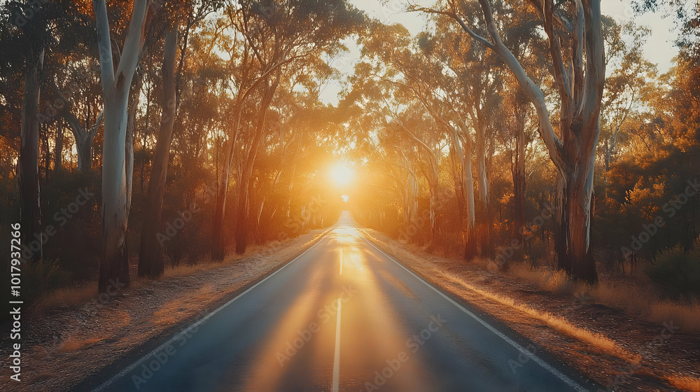 Fototapeta premium Sunlit Road Through Forest.