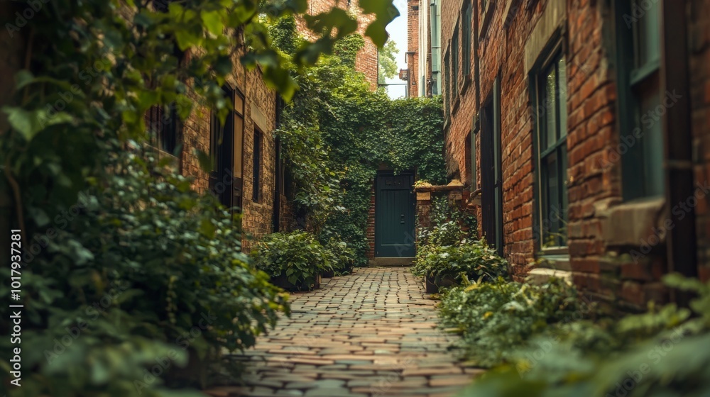Fototapeta premium Brick Alleyway With Green Door and Foliage