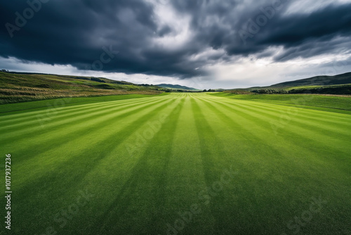 Panoramic view of a perfectly manicured golf course fairway with striped grass patterns under a dramatic cloudy sky and rolling hills in the background.