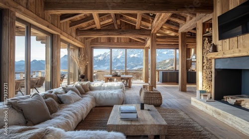 Breathtaking mountain view from a luxurious wooden cabin living room, featuring a comfortable, spacious seating area and rustic decor with an abundance of natural light.