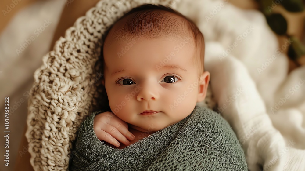 A newborn baby boy with big brown eyes is wrapped in a green knitted blanket and staring directly at the camera. A newborn baby boy with big brown eyes is wrapped in a green knitted blanket and staring directly at the camera.
