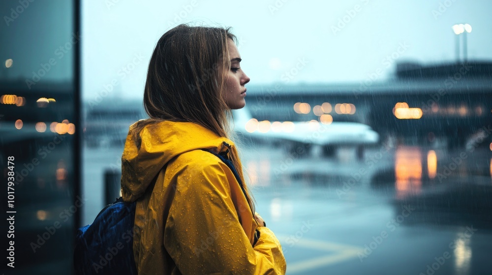 Obraz premium Traveler woman wear yellow raincoat. Tourist travel abroad in free spare time rest getaway Air flight trip concept
