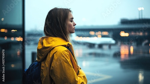  Traveler woman wear yellow raincoat. Tourist travel abroad in free spare time rest getaway Air flight trip concept #1017938478