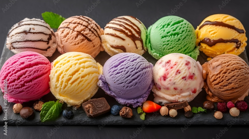 Colorful Ice Cream Scoops on a Black Slate Plate. Colorful Ice Cream Scoops on a Black Slate Plate.