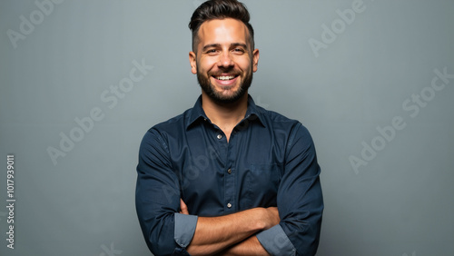 Confident Bearded Man in Blue Shirt: Professional Headshot for Business Websites or Corporate Brochures