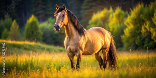 Majestic Buckskin Horse Standing Gracefully in a Sunlit Meadow Surrounded by Lush Greenery
