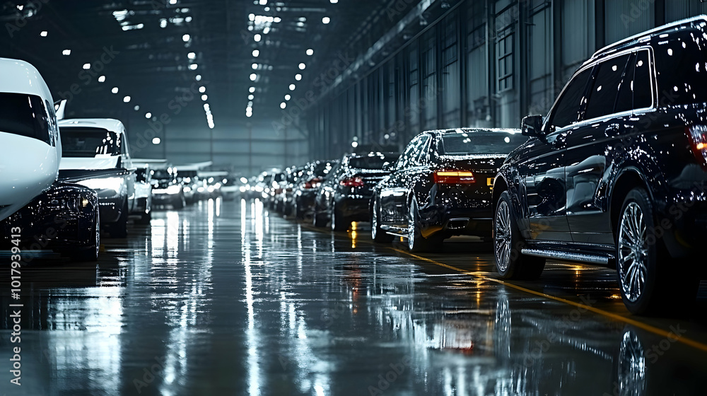 A lineup of cars in a well-lit industrial space. A lineup of cars in a well-lit industrial space.