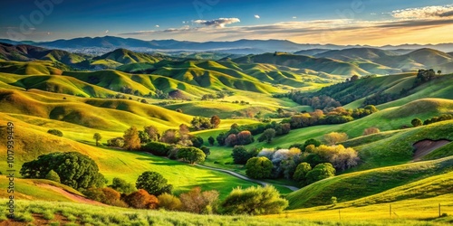 Majestic California Valley Landscape with Rolling Hills, Lush Vegetation, and Clear Blue Sky Above