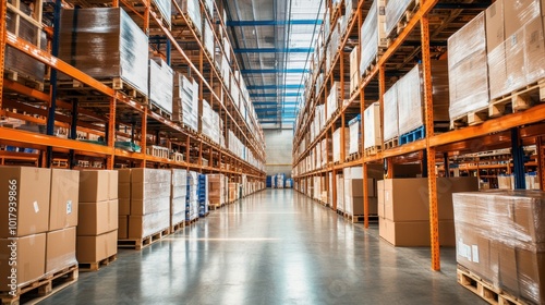 Spacious Warehouse Aisle with Stacked Boxes and Pallets