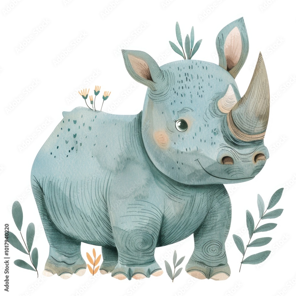 Fototapeta premium Colorful Drawn Rhino with Geometric Patterns in Boho Style