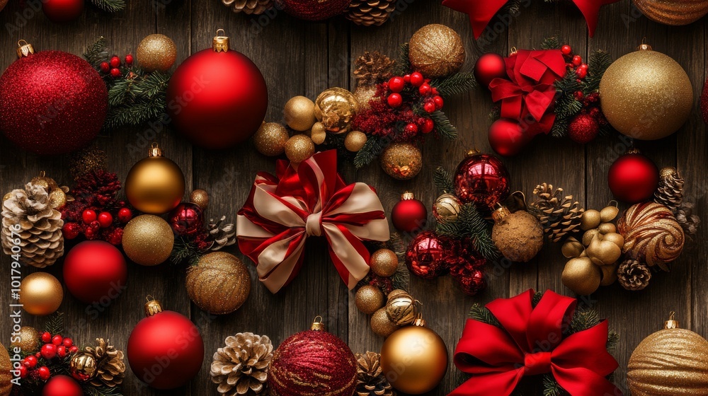 Festive Christmas Ornaments and Bow on Rustic Wood Background Festive Christmas Ornaments and Bow on Rustic Wood Background