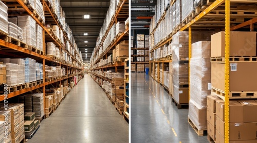 Warehouse Aisle with Rows of Shelves and Boxes photo