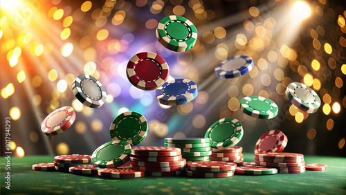 Falling poker chips above a green felt table, illuminated by colorful stage lights.