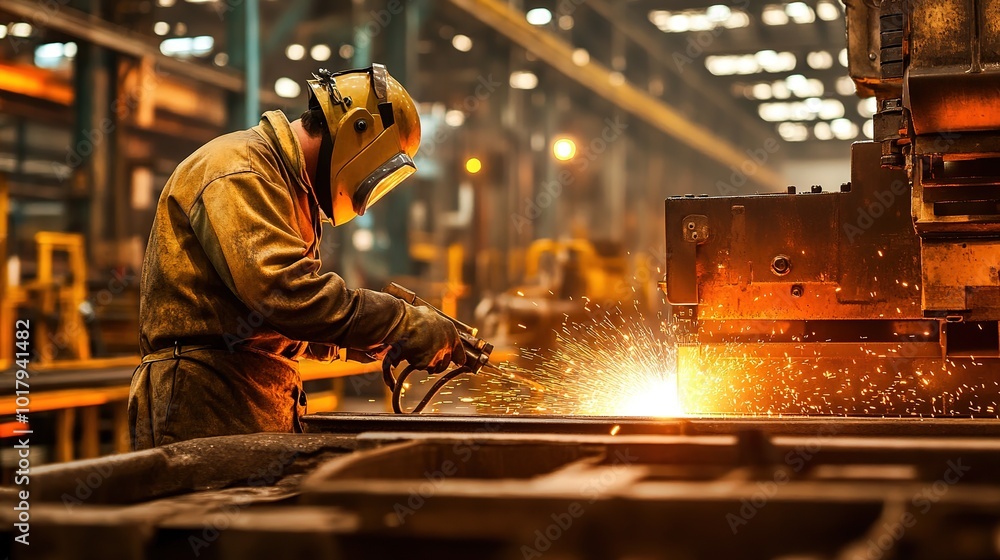 Welding process in an industrial workshop at night with sparks flying and focused worker wearing protective gear Welding process in an industrial workshop at night with sparks flying and focused worker wearing protective gear