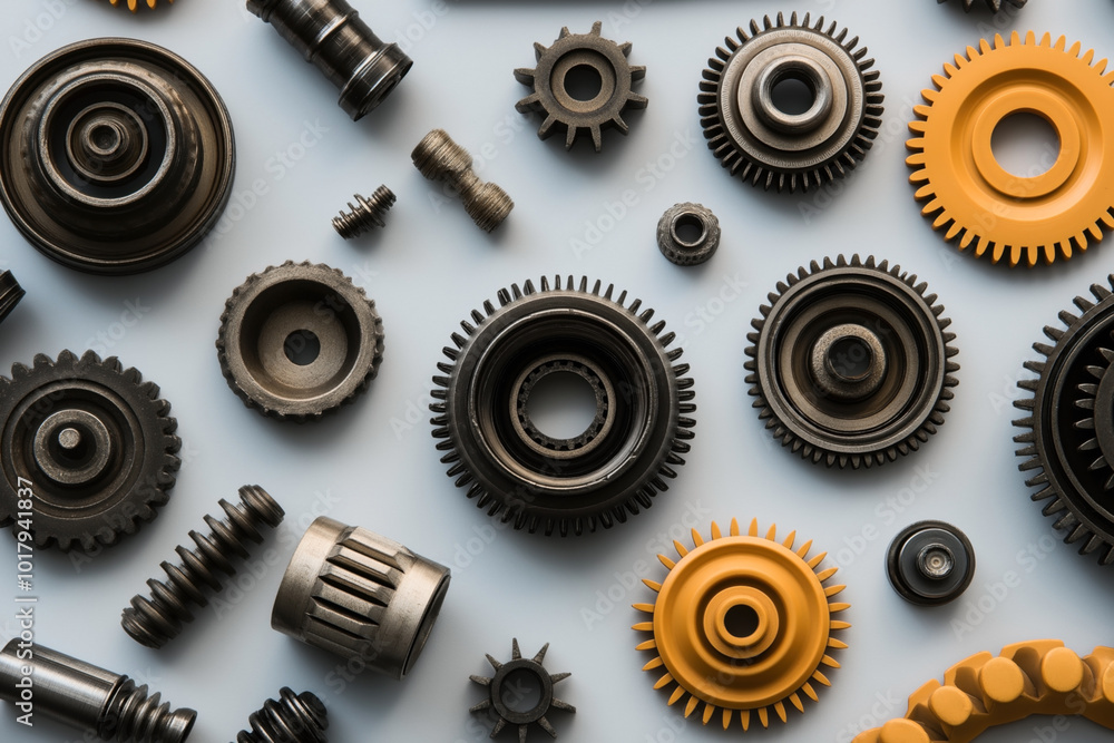 Top view of assorted gears and mechanical parts in various sizes and shapes, arranged on a light background, including metal and yellow plastic gears. Top view of assorted gears and mechanical parts in various sizes and shapes, arranged on a light background, including metal and yellow plastic gears.