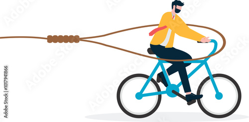 Businessman trapped by rope lasso runs and tries to escape danger
