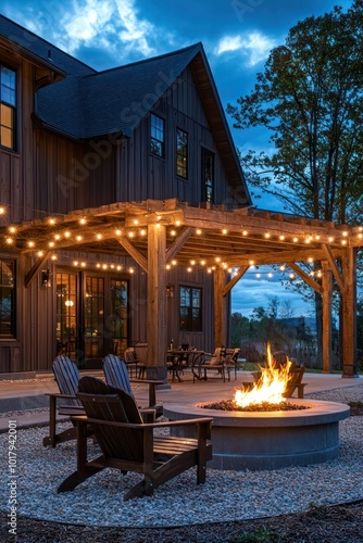 Warm family pergola setting with fire pit and festive lighting for evening gatherings.