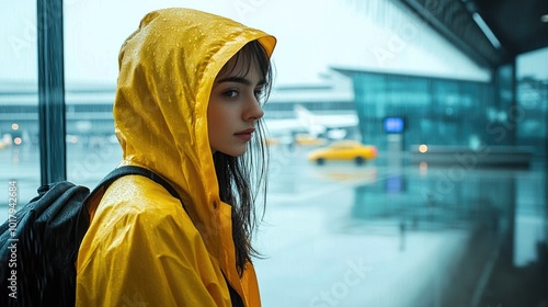  Traveler woman wear yellow raincoat. Tourist travel abroad in free spare time rest getaway Air flight trip concept #1017942684