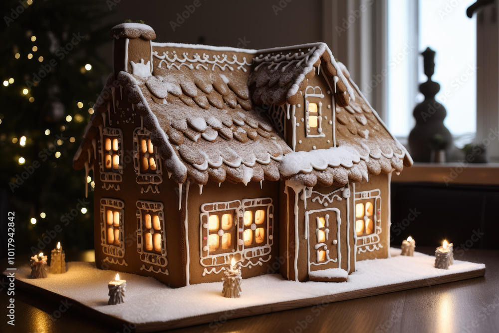 Fototapeta premium generated illustration of luxury gingerbrean house as decoration against christmas tree