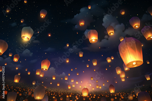 Sky lanterns floating in the night sky, Thai Sky lantern festival celebration. Sky Lantern Festival