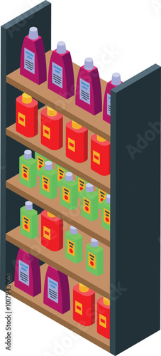 Supermarket shelf displaying cleaning products in colorful bottles with an isometric view