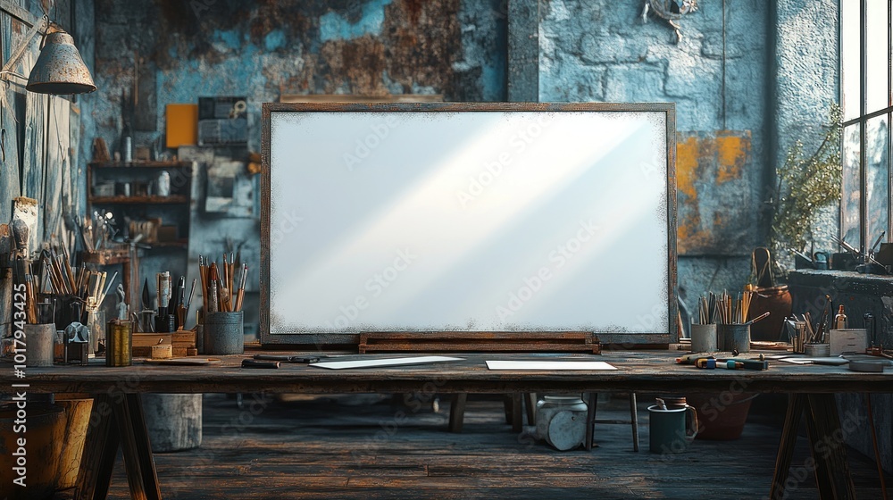 An artist's studio with a blank canvas and various tools. An artist's studio with a blank canvas and various tools.