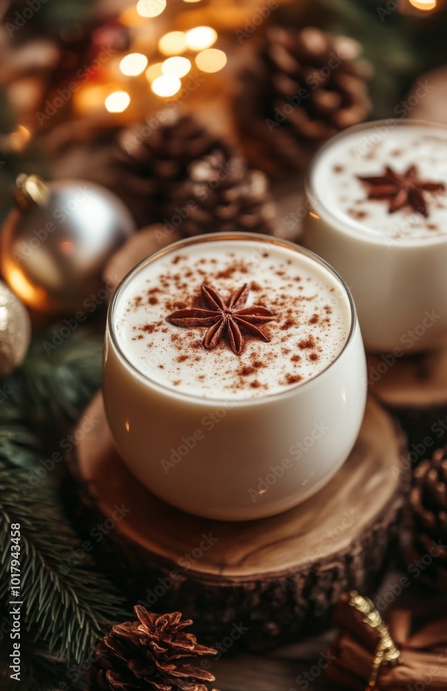 Festive Eggnog with Cinnamon on Wooden Table, Christmas Holiday Background Festive Eggnog with Cinnamon on Wooden Table, Christmas Holiday Background