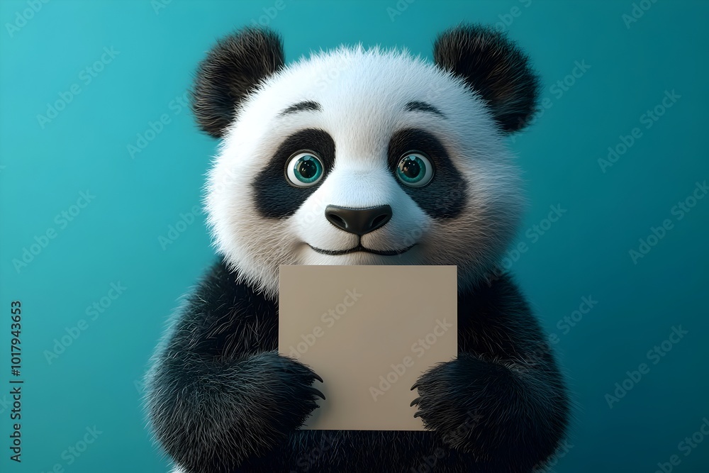 Obraz premium Adorable 3D Panda Holding Blank Placard Against Vivid Azure Background
