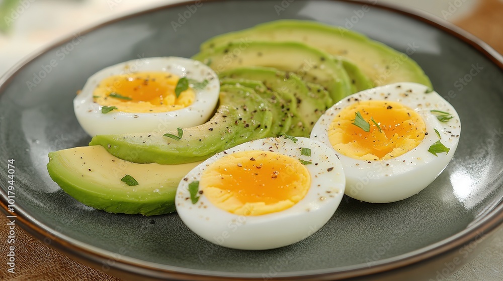 Deliciously presented sliced avocado paired with perfectly boiled eggs garnished with herbs on a casual dining table Deliciously presented sliced avocado paired with perfectly boiled eggs garnished with herbs on a casual dining table