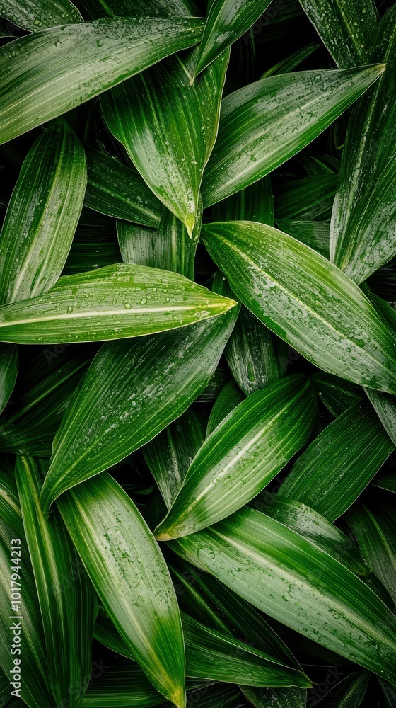 Close-up of lush green leaves with water droplets, nature's vibrant texture, perfect for organic and fresh designs. Close-up of lush green leaves with water droplets, nature's vibrant texture, perfect for organic and fresh designs.