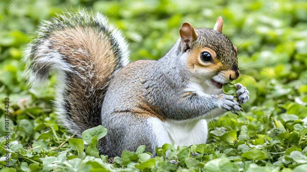 Naklejka premium Grey Squirrel Eating in the Grass.